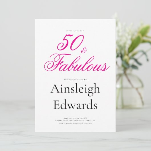 50 & Fabulous Pink Fiftieth Birthday Party 招待状 (スタンド正面)