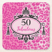 50 & Fabulous Pink Leopard 50誕生日ナプキンス  スクエアペーパーコースター (正面)