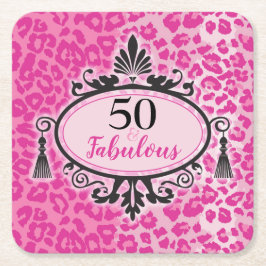 50 & Fabulous Pink Leopard 50誕生日ナプキンス  スクエアペーパーコースター