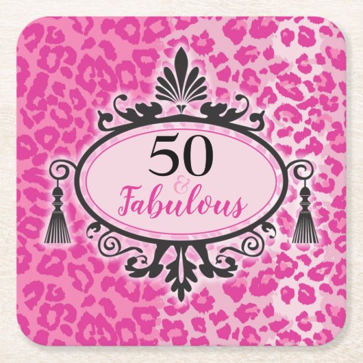 50 & Fabulous Pink Leopard 50誕生日ナプキンス  スクエアペーパーコースター (正面)