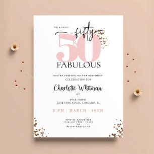 「50 & Fabuous」ピンクミニマルとブラックグリッター 招待状