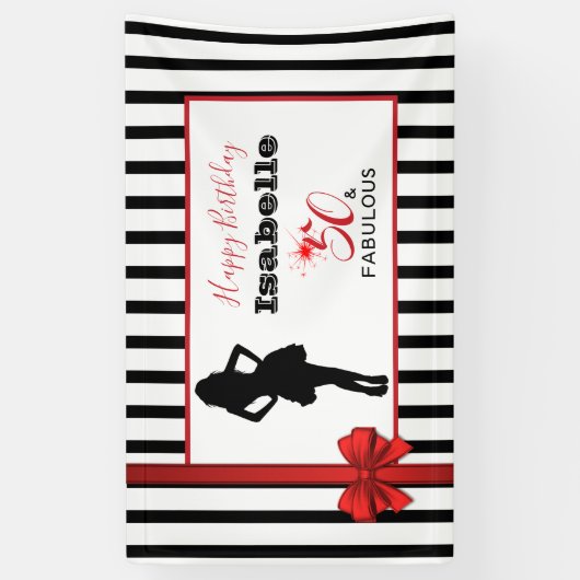 50 & FABUOUS 50誕生日ブラック/ホワイトストライプ製品 横断幕 (縦)