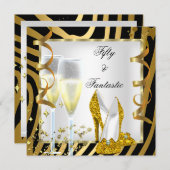 50 & Fantastic Zebra白黒金ゴールドパーティー 招待状 (正面/裏面)