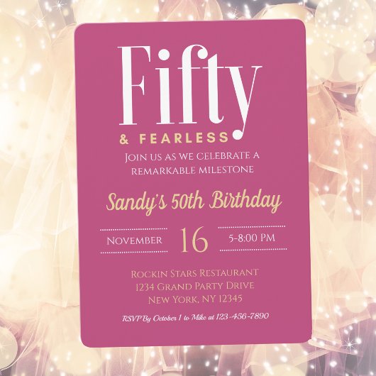 50 & Fearless誕生日エレガントピモダンンクカスタム 招待状
