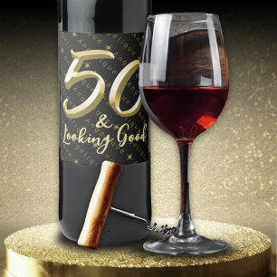 50 & Looking Good金ゴールドブラック誕生日 ワインラベル