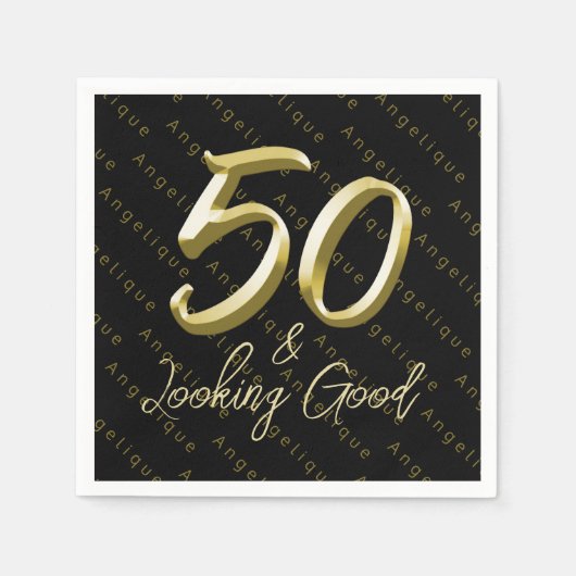 50 & Looking Good金ゴールド誕生日 スタンダードカクテルナプキン (正面)