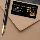 50 Rocks クール Guitar 50th Birthday Party ラベル<br><div class="desc">ロックアンドロール50th birthday party rsvp差出人住所エンベロープラベル黒い背景にギタファンキーー、音符および金ゴールドタイポグラフィを付けサイケデリックてクールユニークイラスト、カラフルの明るい色のエレキギター、アコースティックギターおよびセミアコースティックギターの。戻るラベルは、パーティー気分の全員を50に取得祝するミュージカルスタイル。テンプレートを使用するために簡単を使用して名前と差出人住所を追加してパーソナライズ。オリジナルのアートワークby artist Catherine Sweetman</div>