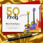 50 Rocks クール Guitar 50th Birthday Party 招待状<br><div class="desc">50 Rocks 50番目のバースデーパーティ招待状と3つの水カッコいい色ギターデザイン。火炎パターンと赤ピックガード付きのエレキギター、数々のカラーのセミアコースティックギター、およびブラックと金ゴールドのタイポグラフィを備えたサイケデリッククラシックアコースティックパーソナライズされたギターアートのイラストレーションを使用したエレキモダンュタカッコいいギター。このテンプレートを使用する簡単は、ロック祝ンのロールスタイルで50への完璧な招待を作成し、ギタリスト、ミュージシャン、音楽の愛好家に最適である。ギタープレーヤーは決してギターの数が多すぎないことを教えてくれる。このカッコいいミュージカルモダン楽器デザインは、この素晴らしいミュージカル楽器の音楽エネルギーと50番目の誕生祝いをロックするための完璧な方法である。オリジナルのアートワークby artist Catherine Sweetman</div>