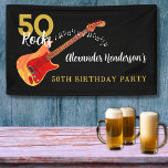 50 Rocks クール Guitar 50th Birthday Party 横断幕<br><div class="desc">50ロッ祝クの50歳の誕生日パーティーのバナーでロックとロールのスタイルで50クールのロック。赤いユニークピックファンキーガード付きの詳細なフレーム電気ギターイラストレーション。金ゴールドモダンタイポグラフィトレンディー黒の背景に簡単を使用してテンプレートを使用してロックスターの夫、ボーイフレンドまたはパートナーのためにパーソナライズする。ライブバンドやギタリストのミュージシャンや音楽愛好家の50歳の誕生日に最適。オリジナルのアートワークby artist Catherine Sweetman</div>