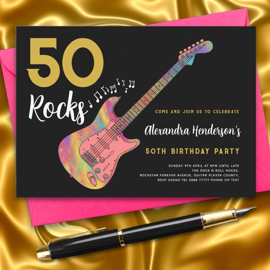 50 Rocks クール Pink Guitar 50th Birthday Party 招待状