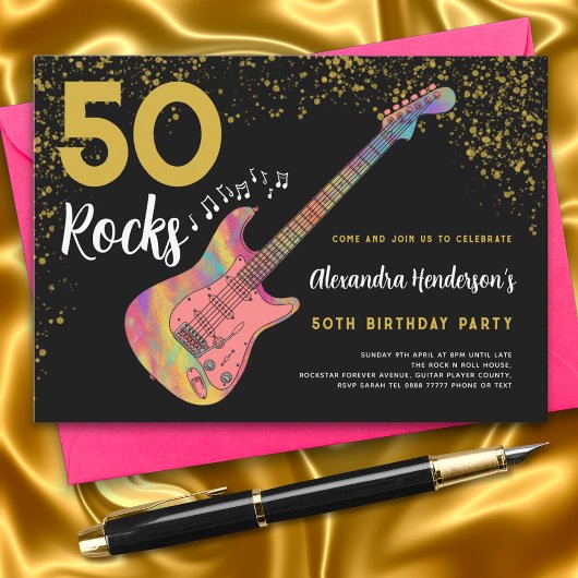 50 Rocks 50歳の誕生日パーティー ピンク ブラック ゴールド 招待状