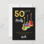 50 Rocks 50th Birthday Partyありがとう サンキューカード<br><div class="desc">50 Rocks 50th birthday partyサンキューカードと3つのギタクールーファンキーデザインを黒い背景に。火炎パターンと赤ピックガード付きのエレキギター、数々のカラーのセミアコースティックギター、およびブラックと金ゴールドのタイポグラフィを備えたサイケデリッククラシックアコースティックパーソナライズされたギターアートのイラストレーションを使用したエレキモダンュタクールギター。テンプレートを使って年齢や名前を変えるこの簡単は感謝してい、ロックスタイルで50のバッグステッカーを好む完璧なパーティーを作り出し、ギタリスト、ミュージシャン、音楽愛好家に理想的である。ギタープレーヤーは決してギターの数が多すぎないことを教えてくれる。このクールミュージカルモダン楽器デザインは、この素晴らしいミュージカル楽器の音楽エネルギーと50番目の誕生祝いをロックするための完璧な方法である。オリジナルのアートワークby artist Catherine Sweetman</div>