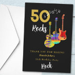 50 Rocks 50th Birthday Partyありがとう サンキューカード<br><div class="desc">50 Rocks 50th birthday partyサンキューカードと3つのギタクールーファンキーデザインを黒い背景に。火炎パターンと赤ピックガード付きのエレキギター、数々のカラーのセミアコースティックギター、およびブラックと金ゴールドのタイポグラフィを備えたサイケデリッククラシックアコースティックパーソナライズされたギターアートのイラストレーションを使用したエレキモダンュタクールギター。テンプレートを使って年齢や名前を変えるこの簡単は感謝してい、ロックスタイルで50のバッグステッカーを好む完璧なパーティーを作り出し、ギタリスト、ミュージシャン、音楽愛好家に理想的である。ギタープレーヤーは決してギターの数が多すぎないことを教えてくれる。このクールミュージカルモダン楽器デザインは、この素晴らしいミュージカル楽器の音楽エネルギーと50番目の誕生祝いをロックするための完璧な方法である。オリジナルのアートワークby artist Catherine Sweetman</div>
