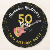 50 Rocks 50th Birthday Partyピンクブラック金ゴールド ラウンドペーパーコースター (正面)