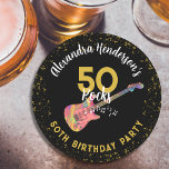 50 Rocks 50th Birthday Partyピンクブラック金ゴールド ラウンドペーパーコースター<br><div class="desc">ロッククールとロールギター50ロックピンクブラック金ゴールドグリッター50th誕生日パーティー紙コースターカスタム。あなたのロックスターの妻、ガールフレンド、妹か友達のためかどうかファンキー、このカラフルエレキギターのピンクピックガードイラストレーションとクール、音楽ノートと金ゴールドタイポグラフィスクリプトのロックのスタイルで彼ら祝はモダン、ロックの。簡単を使用してテンプレートを追加できるように誕生日セレブ名、理想的な黒と金ゴールドの色のテーマ。ロックンロール50th誕生日パーティー50ロックスコレクションをチェックして一致するパーティー供給。ミュージシャン、ギタープレーヤー、ライブ音楽愛好家がこのトレンディーミュージカルテーマを愛する。オリジナルのアートワークby artist Catherine Sweetman</div>