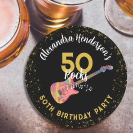50 Rocks 50th Birthday Partyピンクブラック金ゴールド ラウンドペーパーコースター