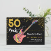 50 Rocks 50th Birthday Partyピンクブラック金ゴールド 招待状 (スタンド正面)