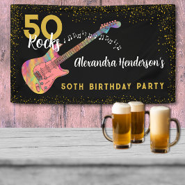 50 Rocks 50th Birthday Partyピンクブラック金ゴールド 横断幕