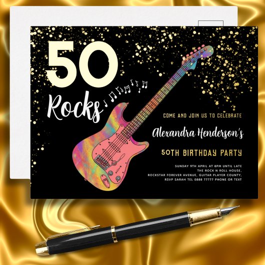 50 Rocks 50th Birthday Partyピンクブラック金ゴールド 箔招待状ポストカード