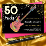 50 Rocks 50th Birthday Partyピンクブラック金ゴールド 箔招待状<br><div class="desc">50ロックで揺れている女の子。ロッククール金ゴールドをテーマにした音楽フォイル50th birthday party招モダン待。黒い背景にカラフル書道のタイポグラフィを持つ金ゴールドグリッターとミュージカルノートイラストを備えたロックとロパーソナライズされたールの金ゴールド電気モダンピンクギター。この簡単はテンプレートを使用する50へのパーソナライズされた完璧な招待を作成す祝るロックスタースタイル。Perfect もし you have a live band or are a guitarist,  ミュージシャン,  music lover.ミュージカルユニーク楽器オリジナルのアートワークby artist Catherine Sweetman</div>