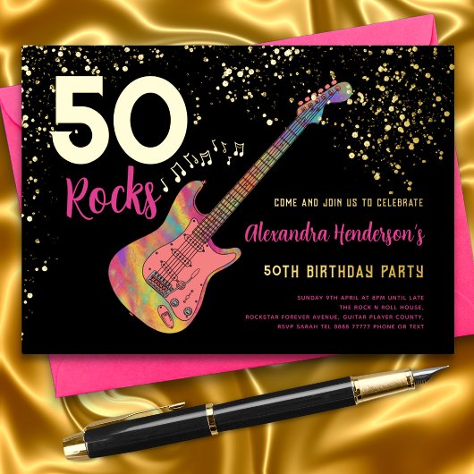 50 Rocks 50th Birthday Partyピンクブラック金ゴールド 箔招待状