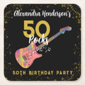 50 Rocks Pink Black金ゴールド50th Birthday Party スクエアペーパーコースター (正面)