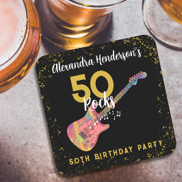 50 Rocks Pink Black金ゴールド50th Birthday Party スクエアペーパーコースター