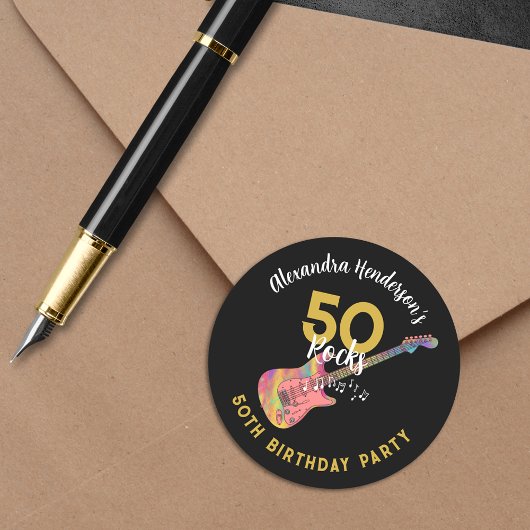 50 Rocks Pink Guitar 50th Birthday Party金ゴールド ラウンドシール