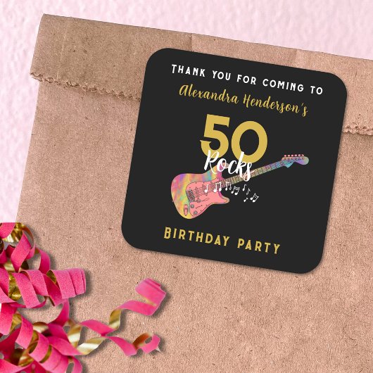 50 Rocks Pink Guitar 50th Birthday Party Thank You スクエアシール