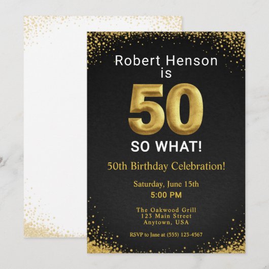 50 So What ブラック ゴールド 50歳の誕生日 招待状 (正面/裏面)
