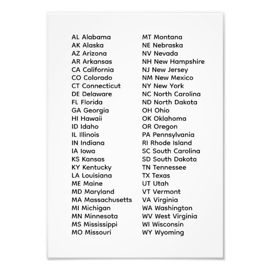 50 States List Alphabetical Order フォトプリント (正面)
