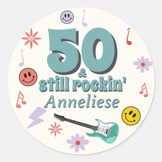 50 & Still Rockinのレトロ音楽誕生日をテーマ ラウンドシール (正面)