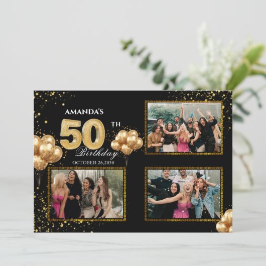 50 th Birthday Gold Silver Black Balloons 招待状 (スタンド正面)