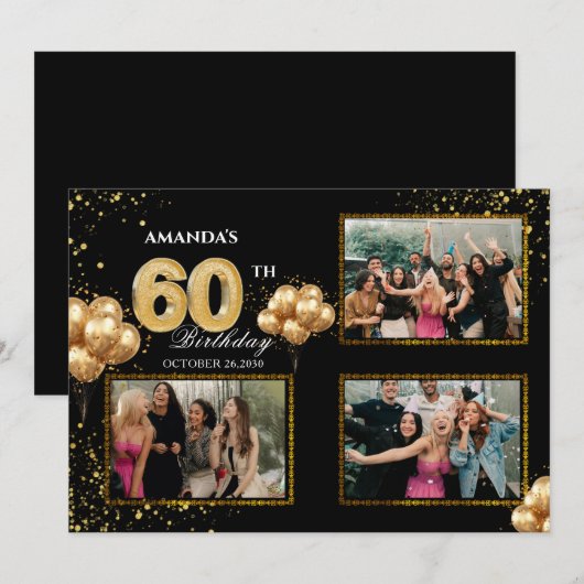 50 th Birthday Gold Silver Black Balloons 招待状 (正面/裏面)