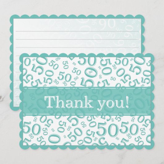50 "Thank you!" Teal/White Random Number Pattern サンキューカード (正面/裏面)