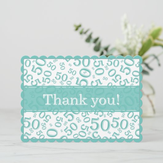 50 "Thank you!" Teal/White Random Number Pattern サンキューカード (スタンド正面)