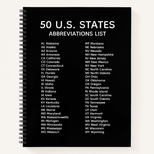 50 U.S. States Abbreviations List – Black Notebook ノートブック (正面)