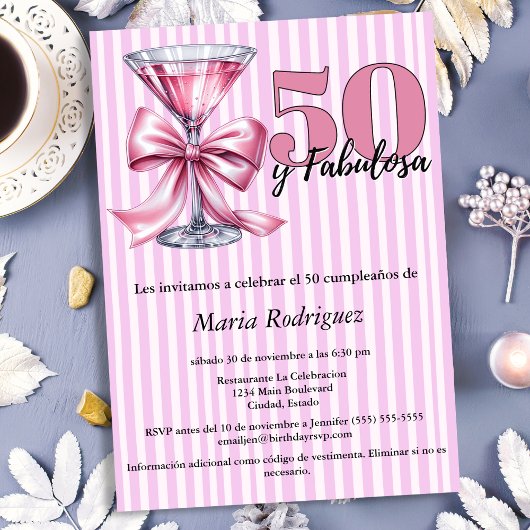 50 y Fabulosa ピンクマティーニ スペイン語 50歳の誕生日 招待状