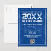 50 Year High School Reunion Retro Blue Varsity QR ポストカード (正面/裏面)