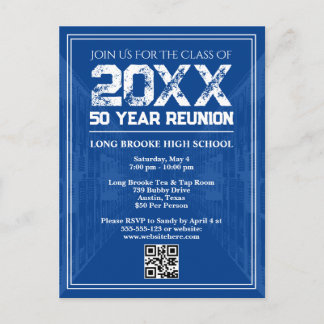 50 Year High School Reunion Retro Blue Varsity QR ポストカード