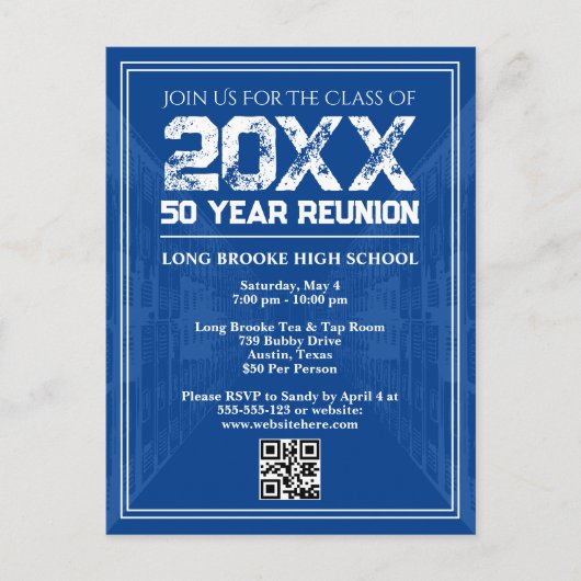 50 Year High School Reunion Retro Blue Varsity QR ポストカード (正面)