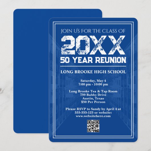50 Year High School Reunion Retro Blue Varsity QR 招待状 (正面/裏面)