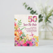 50 Years Flowers Floral Linen 50th Birthday 案内ポストカード (スタンド正面)