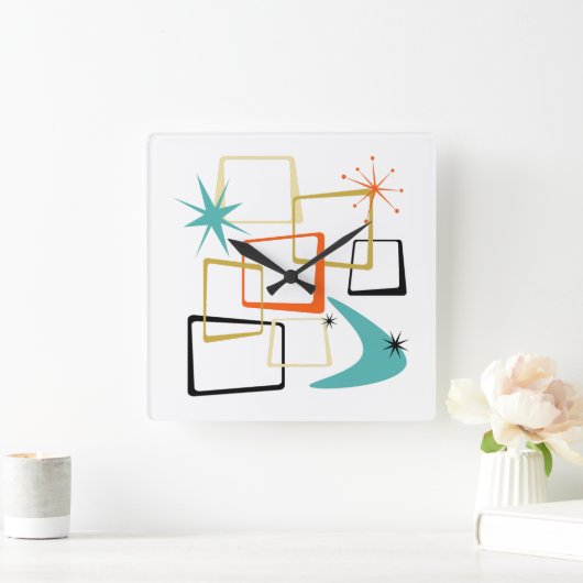 50sアトミックスクウェアズブーメランスターバストミッドセンチュリー スクエア壁時計 (ホーム)