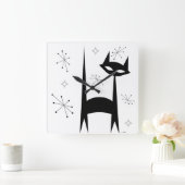 50'sレトロ黒猫ホワイトアーポップ・アートのトクロック スクエア壁時計 (ホーム)