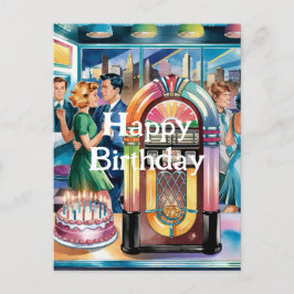 50sヴィンテージレトロジュークボックス、ダイナー、お誕生日ケーキ ポストカード