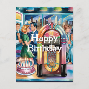 50sヴィンテージレトロジュークボックス、ダイナー、お誕生日ケーキ ポストカード
