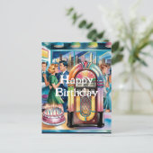 50sヴィンテージレトロジュークボックス、ダイナー、お誕生日ケーキ ポストカード (スタンド正面)