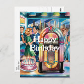 50sヴィンテージレトロジュークボックス、ダイナー、お誕生日ケーキ ポストカード (正面/裏面)