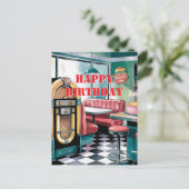50sヴィンテージレトロジュークボックス、ダイナー、お誕生日ケーキ ポストカード (スタンド正面)
